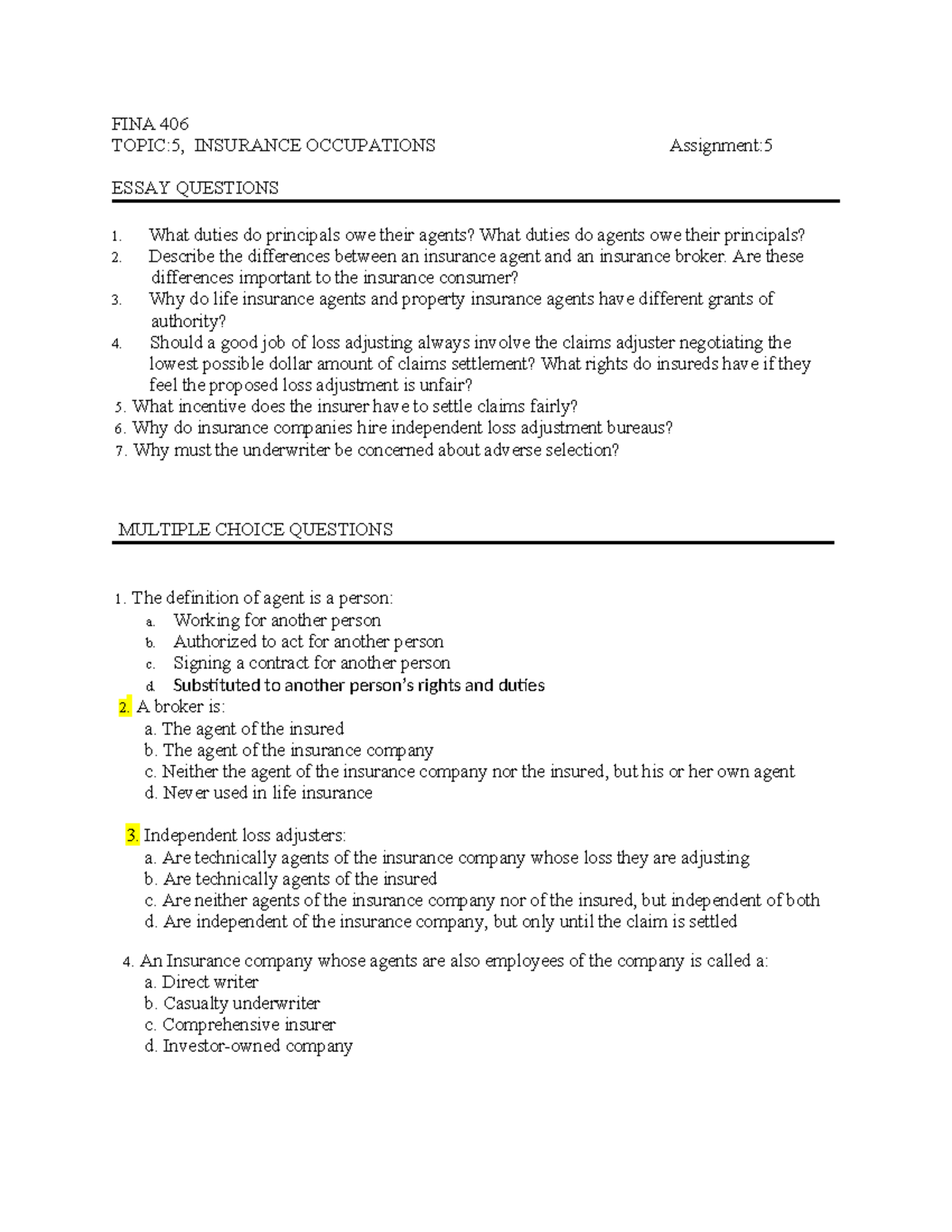 FINA 406 Assgn 5 - FINA 406 TOPIC:5, INSURANCE OCCUPATIONS Assignment ...