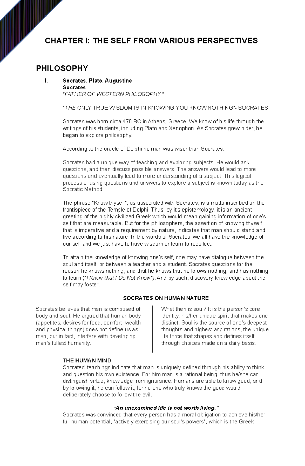 UTS Reviewer - hope it helps - CHAPTER I: THE SELF FROM VARIOUS ...