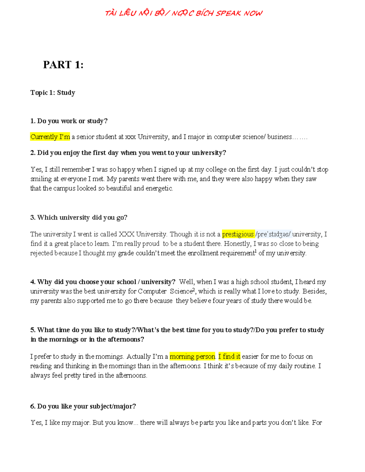 DỰ ĐOÁN Speaking 2019 - PART 1: Topic 1: Study 1. Do you work or study ...