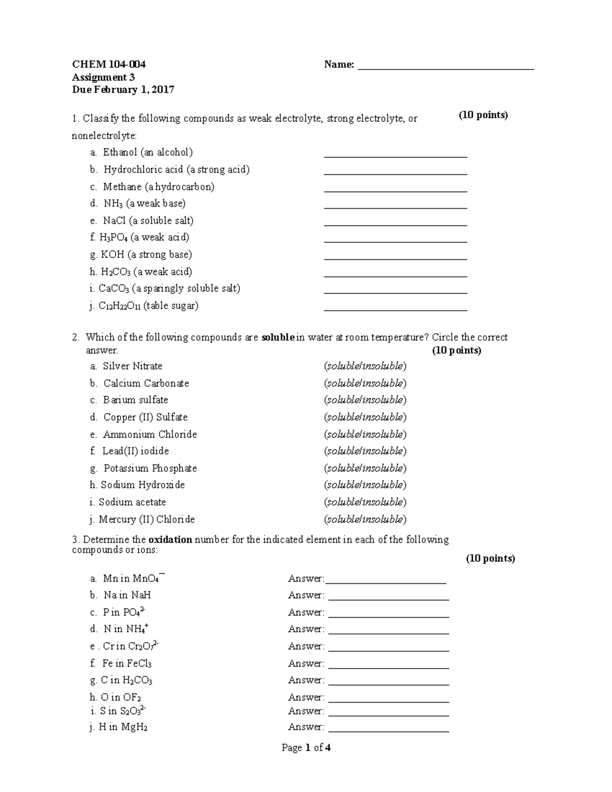A3 - Assignment 3 for CHEM 104 - CHEM 104-004 Assignment 3 Due February ...