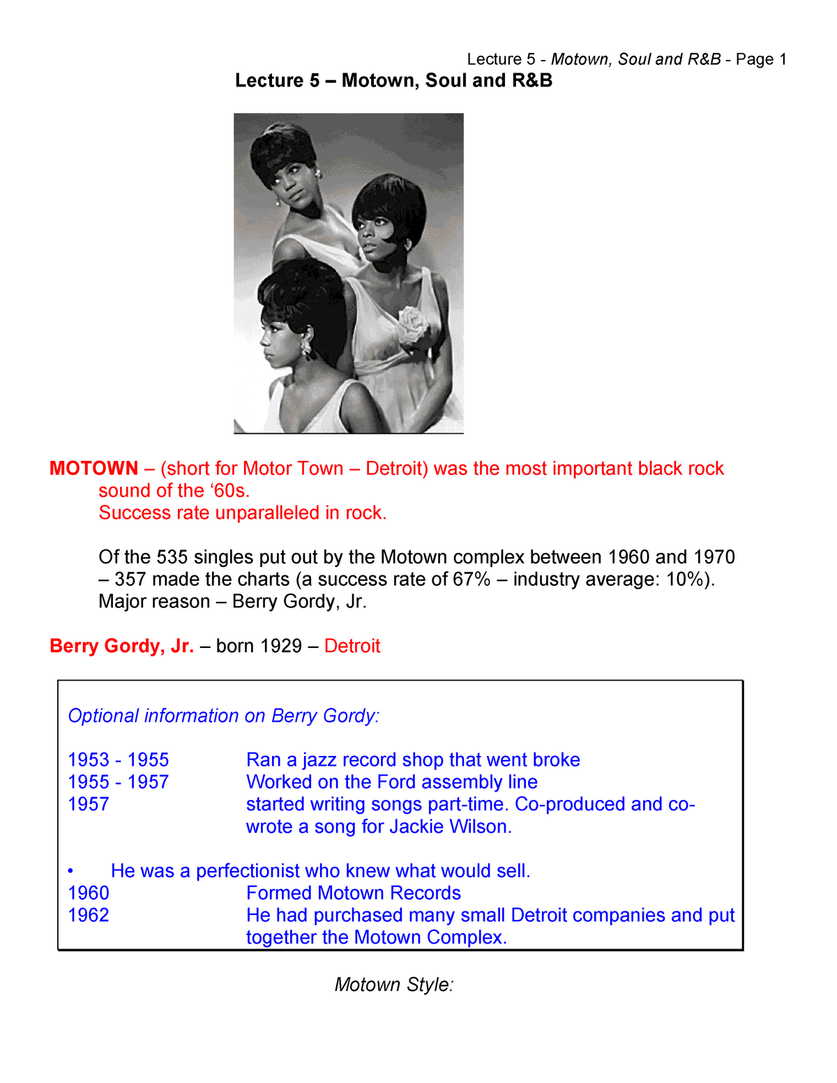 21 outline - Motown, Soul - MUS A21 - History Of Rock Music - OCC