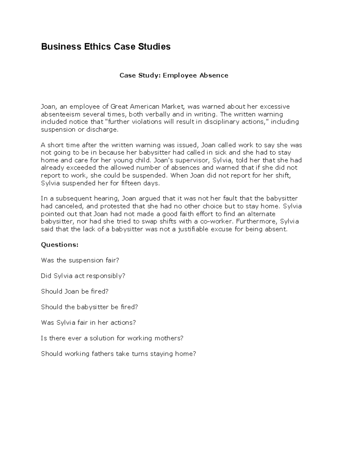 business ethics case study employee absence