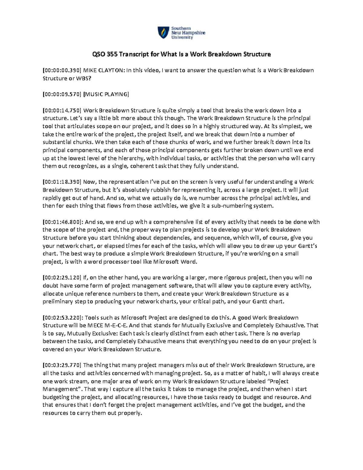 QSO 355 Transcript for What Is a Work Breakdown Structure - Let’s say a ...