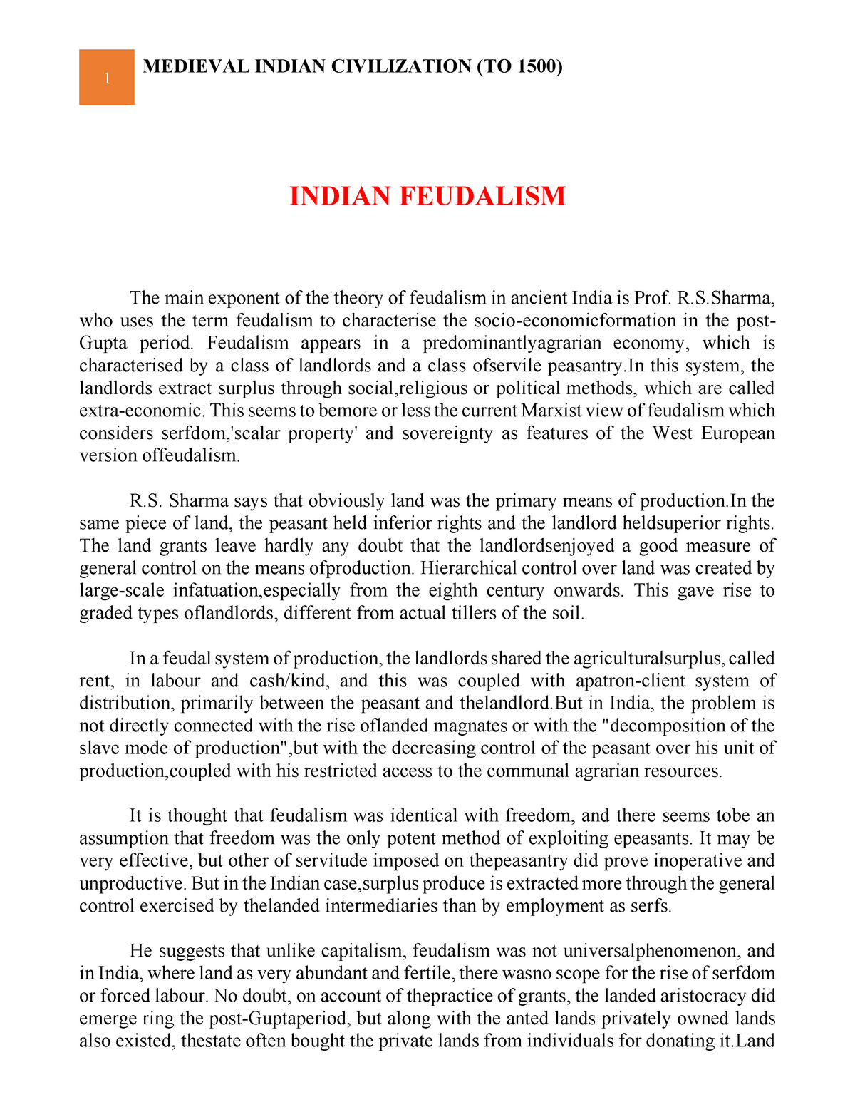 essay on indian feudalism