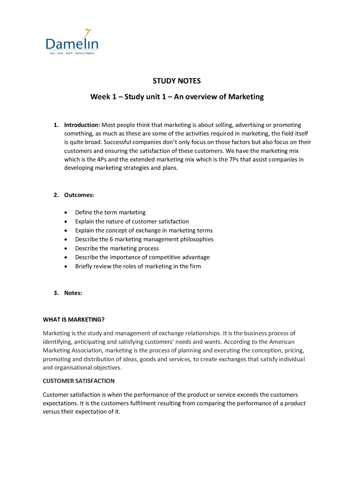 Week 1 - Principles Of Marketing - STUDY NOTES Week 1 – Study Unit 1 ...