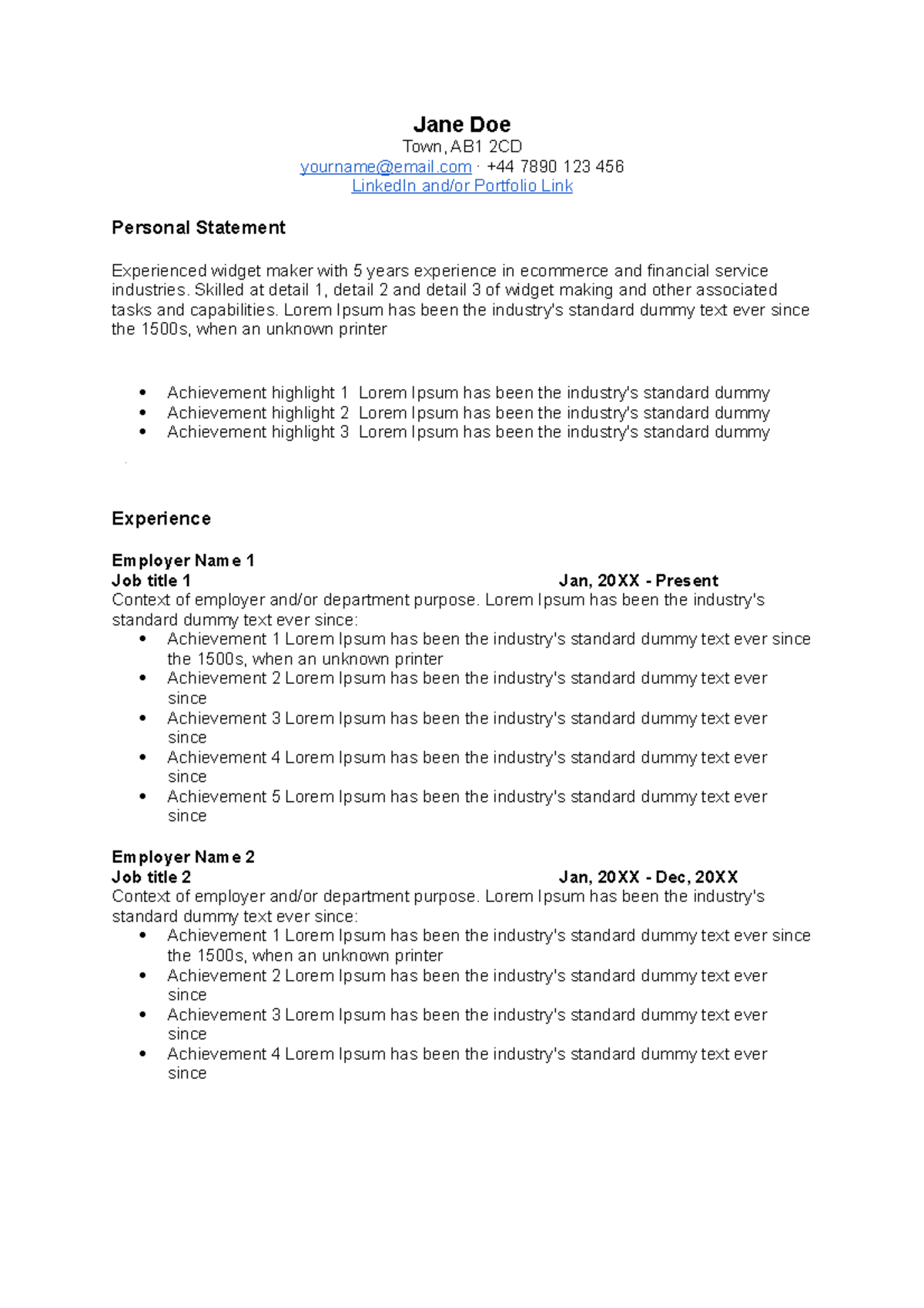 Professional CV Resume Template by Career Badger v1 - Jane Doe Town ...