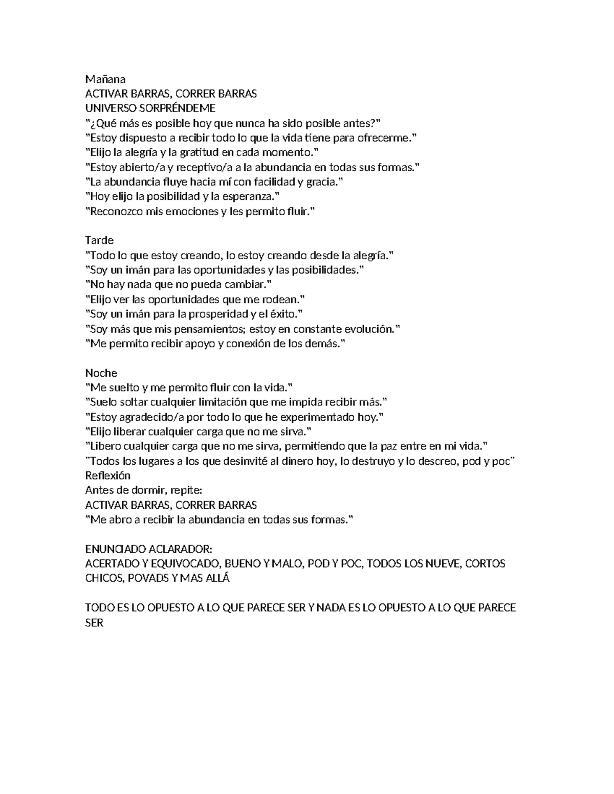 Access Imprimir Mañana ACTIVAR BARRAS, CORRER BARRAS UNIVERSO