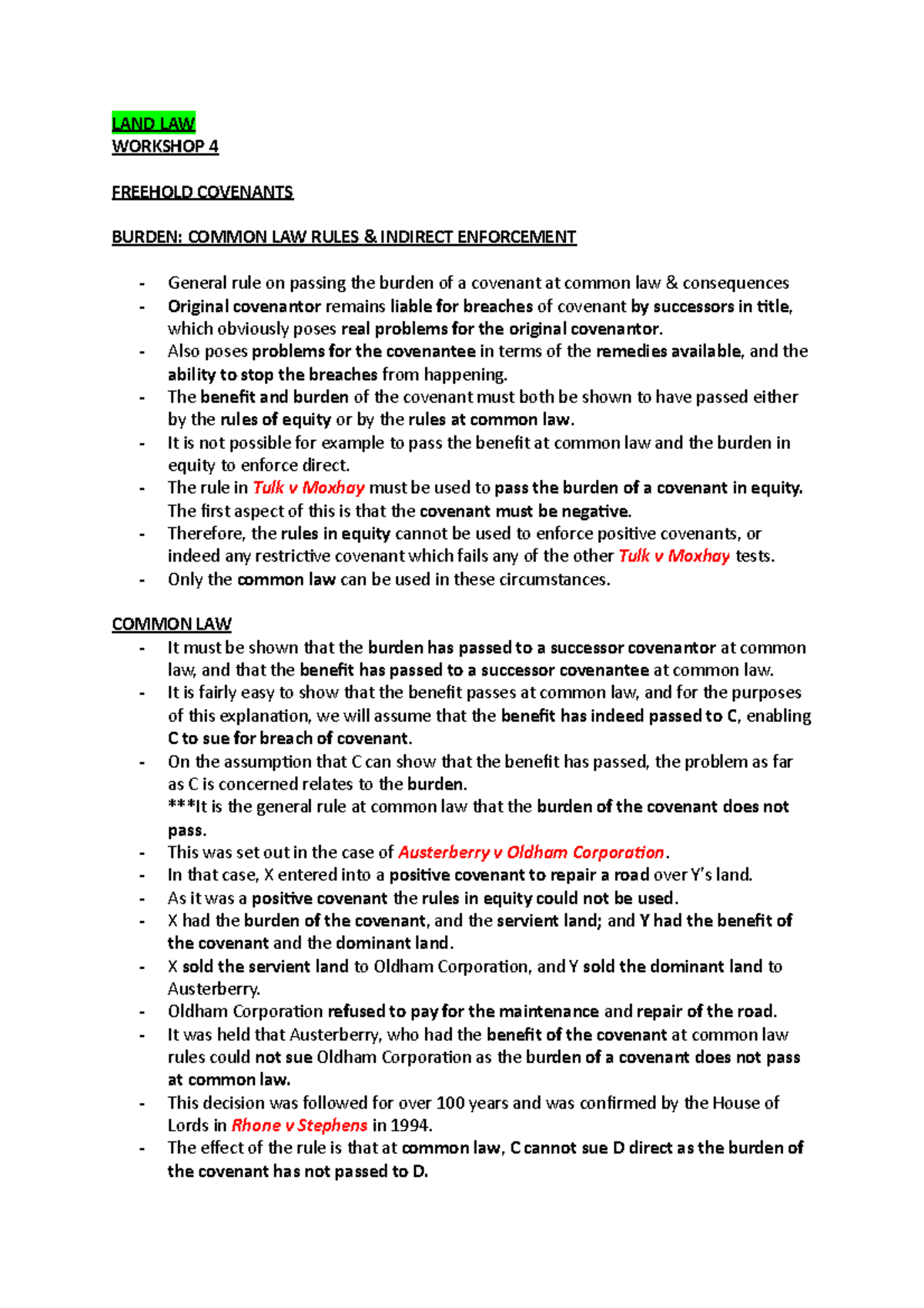 Burden Common LAW Rules & Indirect Enforcement LAND LAW 4