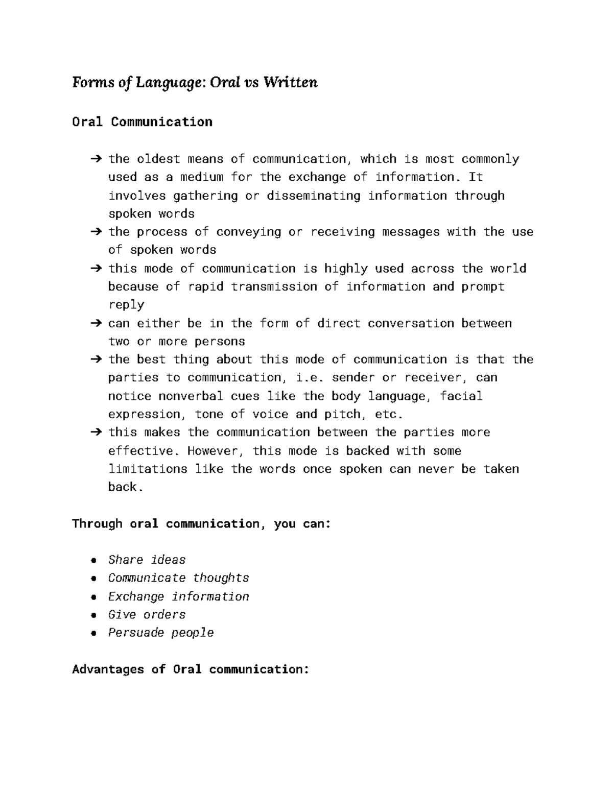 Oral vs Written - Forms of Language: Oral vs Written Oral Communication ...