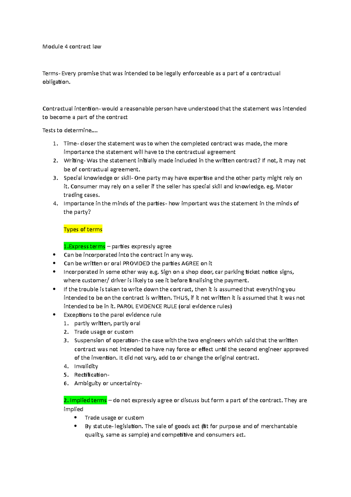 Lecture 4 Notes - Comprehensive CONTRACT LAW note from week 4 ...