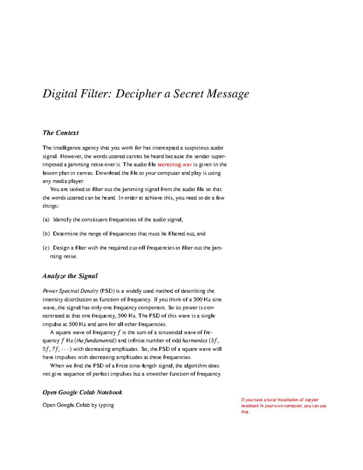 Digital Filter - Decipher a Secret Message - Digital Filter: Decipher a ...
