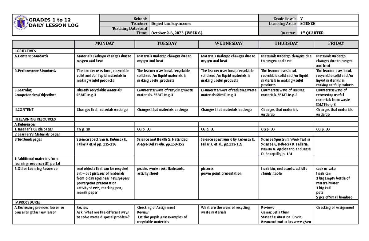 DLL Science 5 Q1 W6 - NOTES - GRADES 1 to 12 DAILY LESSON LOG School ...