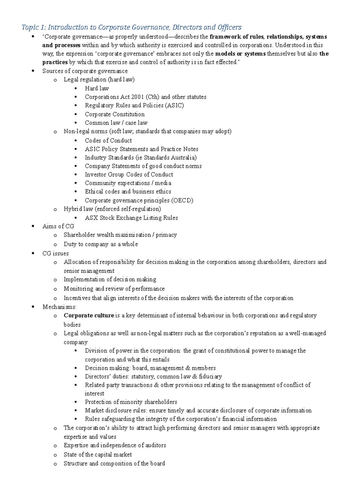 Topic 1 Notes - Corporations Law B - Topic 1: Introduction to Corporate ...