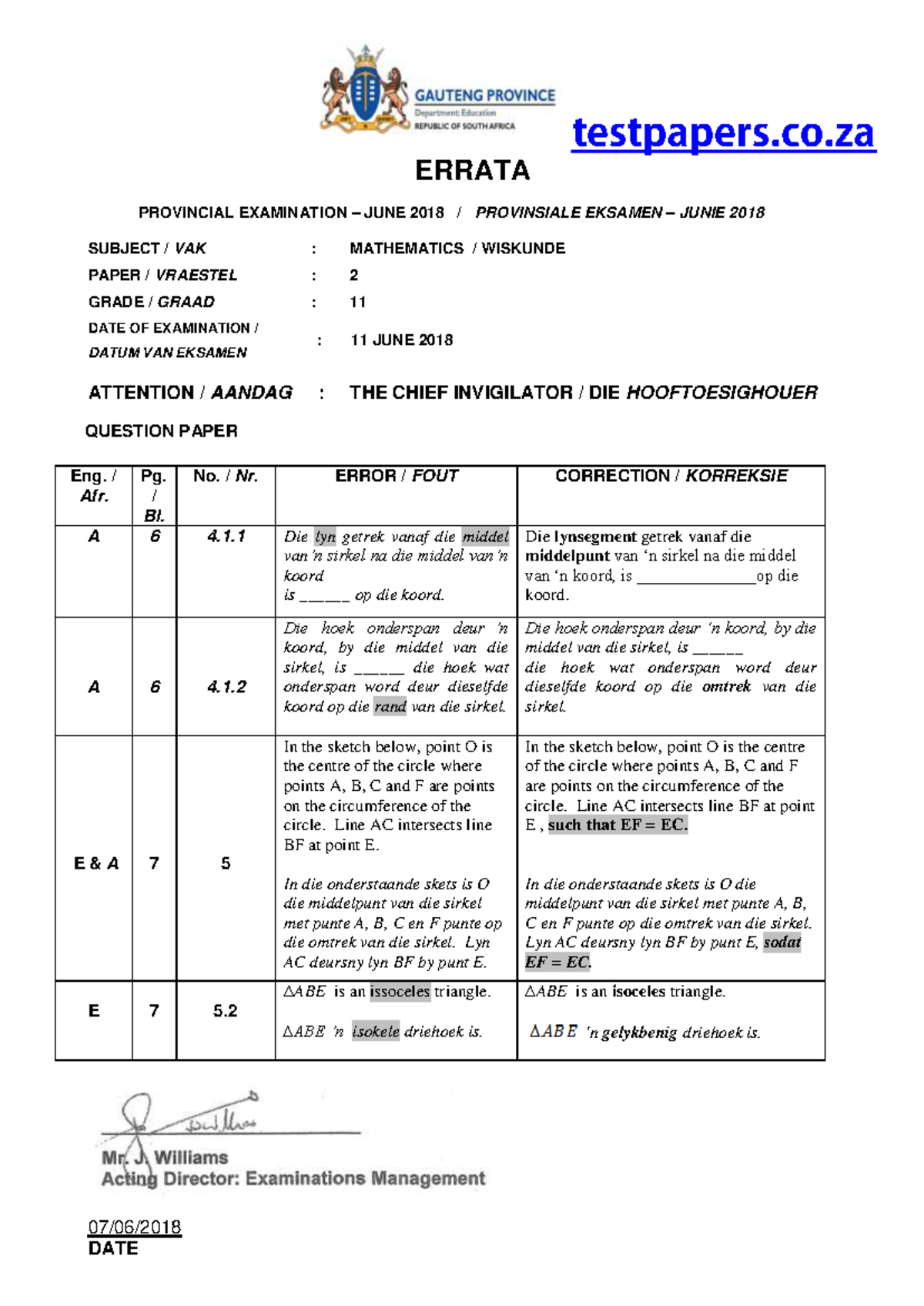 Gr11 Math P2 June 2018 Question Paper Errata - : ERRATA PROVINCIAL ...