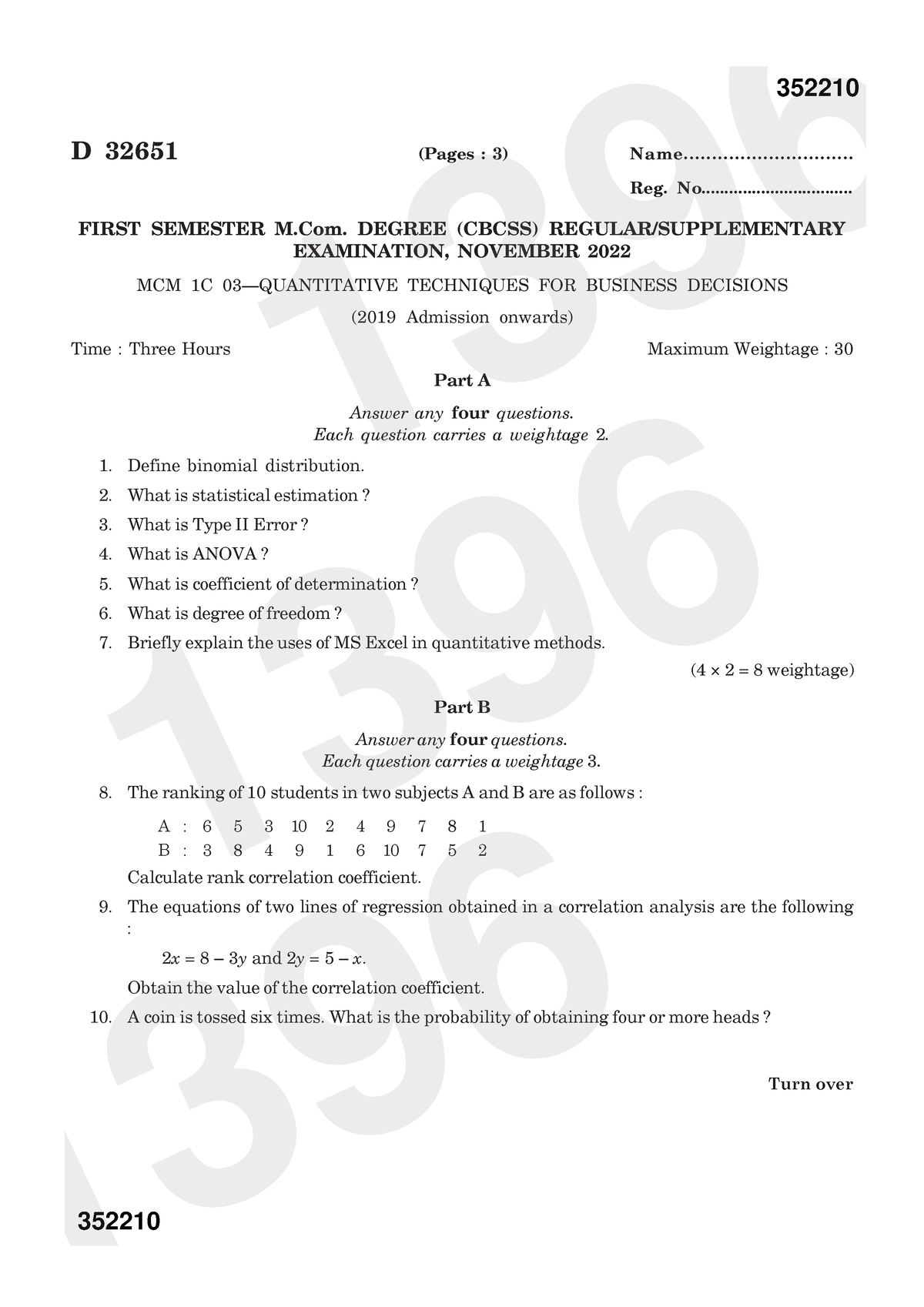 Quantitative Techniques -2022 - Turn Over D 32651 (Pages : 3) Name