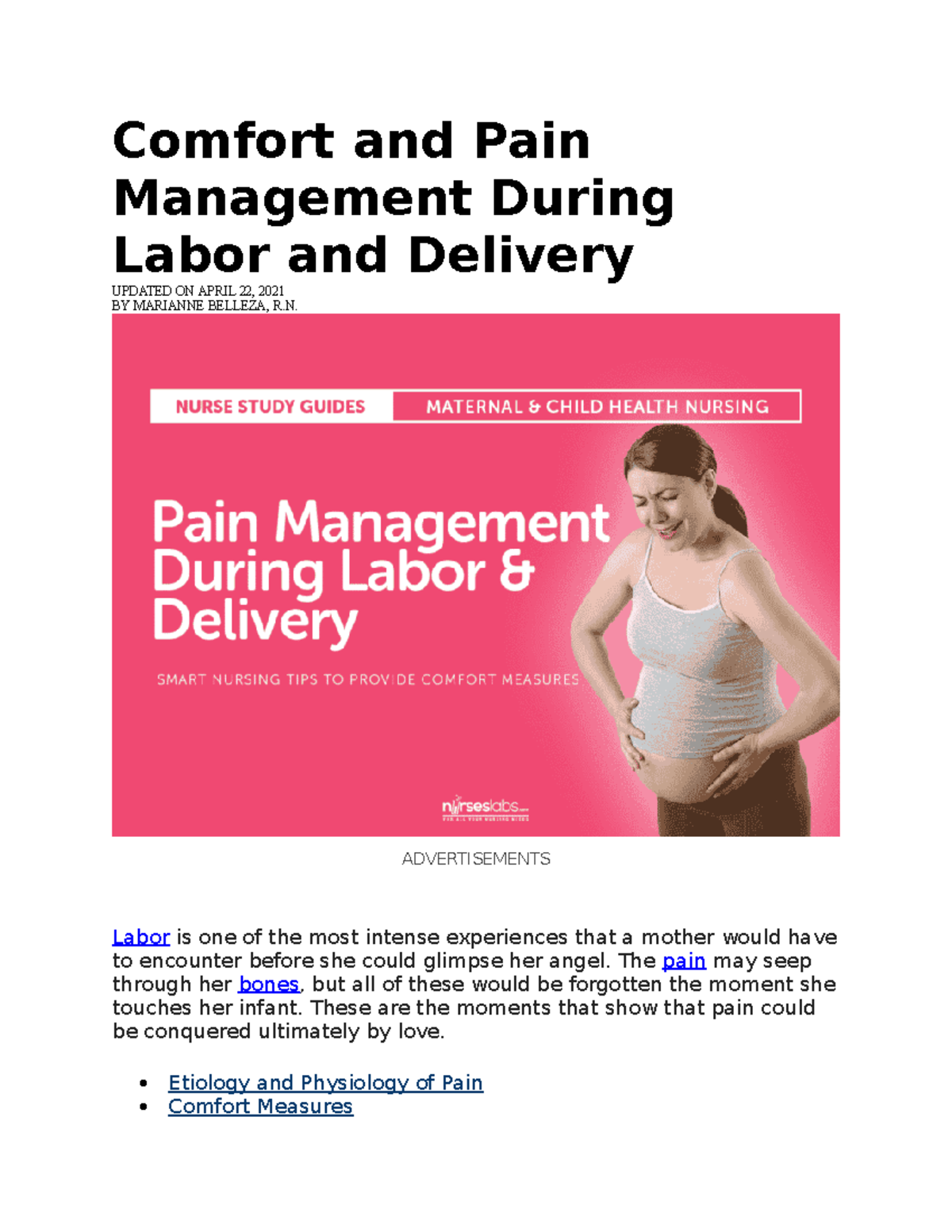Comfort and Pain Management During Labor and Delivery Comfort and