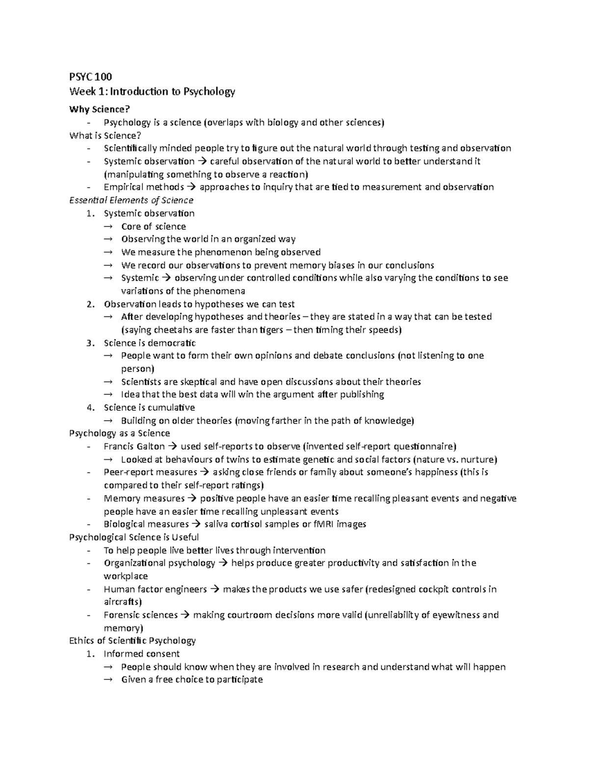 WEEK 1 - Summary Introduction to Psychology - PSYC 100 Week 1 ...