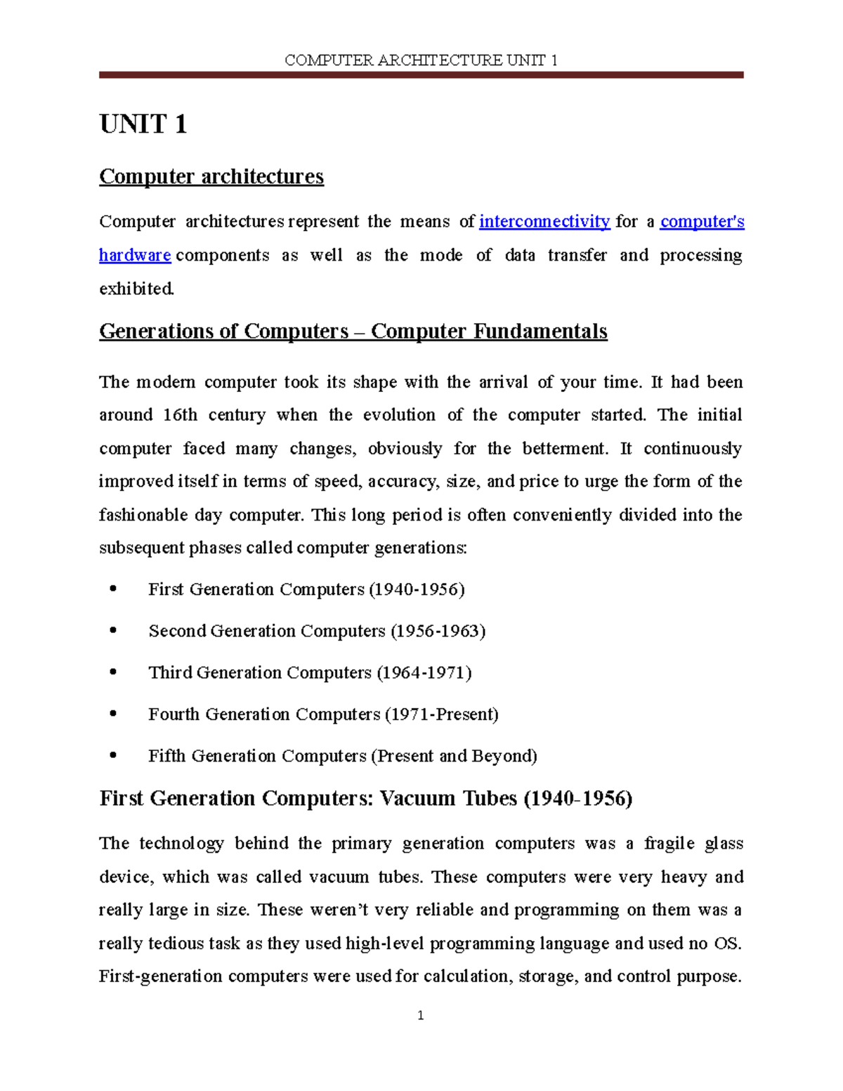 Computer Architectyure 1 UNIT Notes - UNIT 1 Computer architectures ...