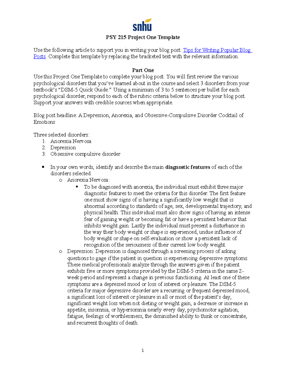 PSY 215 Project One Template PSY 215 Project One Template Use The