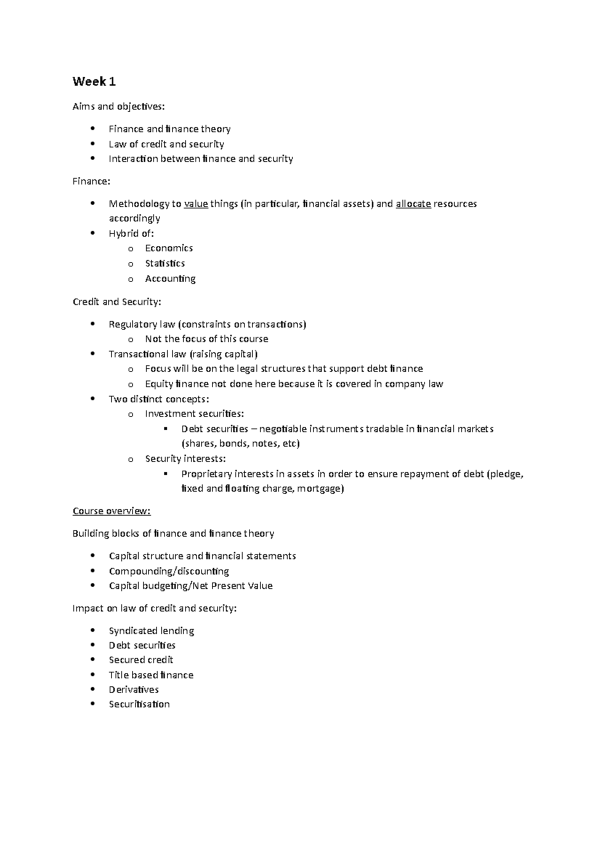 Week 1 Notes - FCS - Week 1 Aims and objectives: Finance and finance ...
