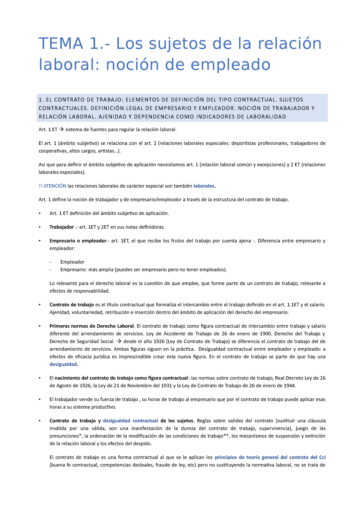 Tema 1 Sujetos De La Relación Laboral Tema 1 Los Sujetos De La Relación Laboral Noción De 1828