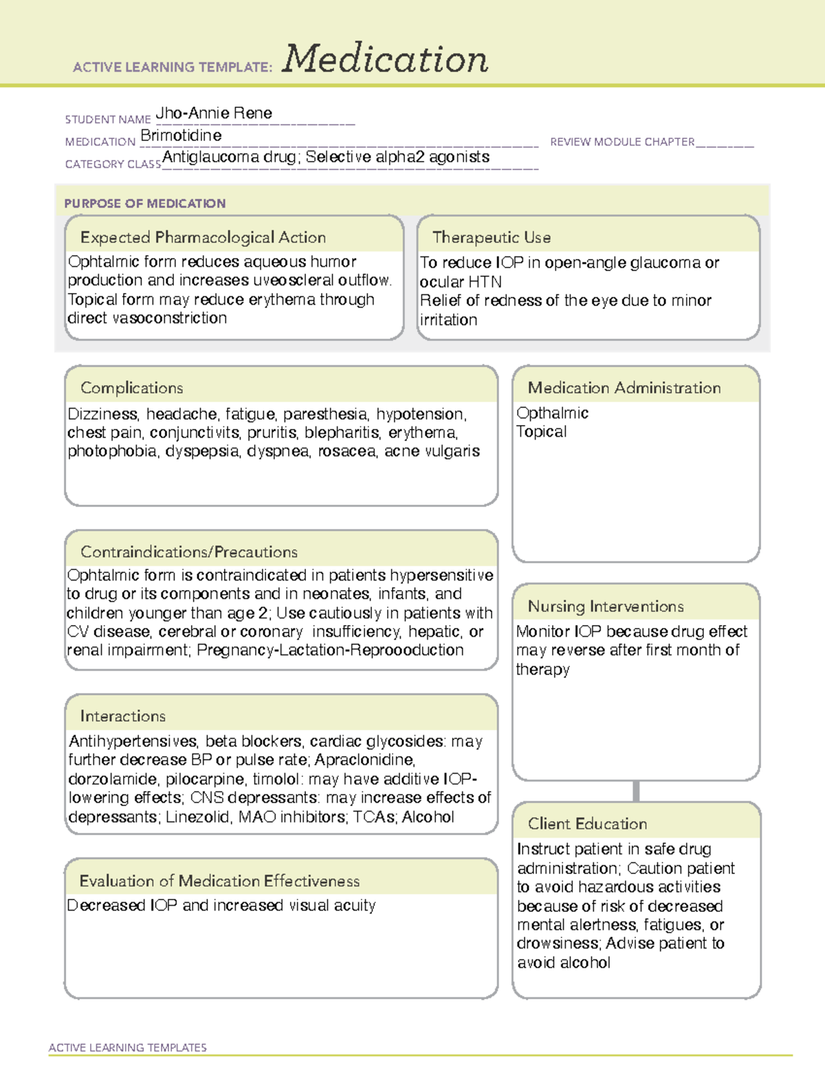 Brimotidine Medication Template - ACTIVE LEARNING TEMPLATES Medication ...