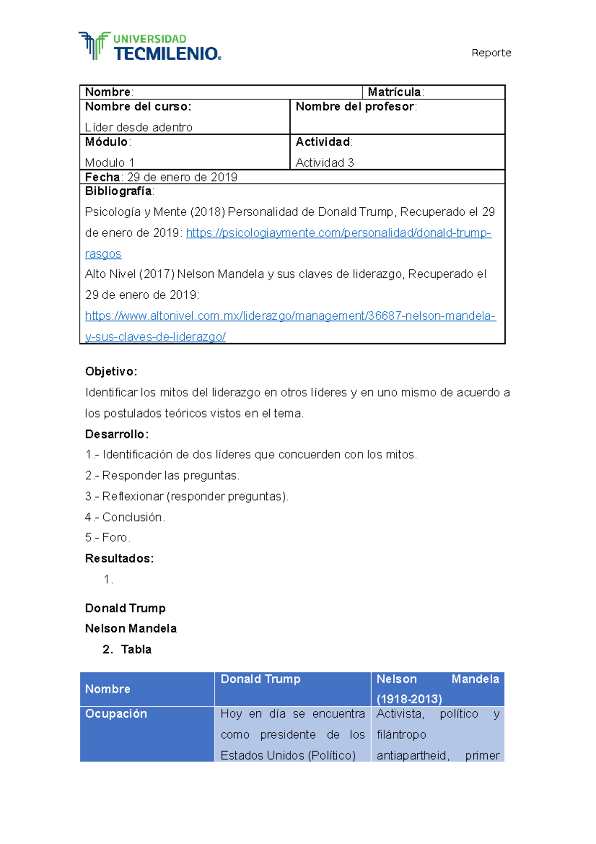 Actividad 3 Lider desde adentro - Nombre: Matrícula: Nombre del curso ...