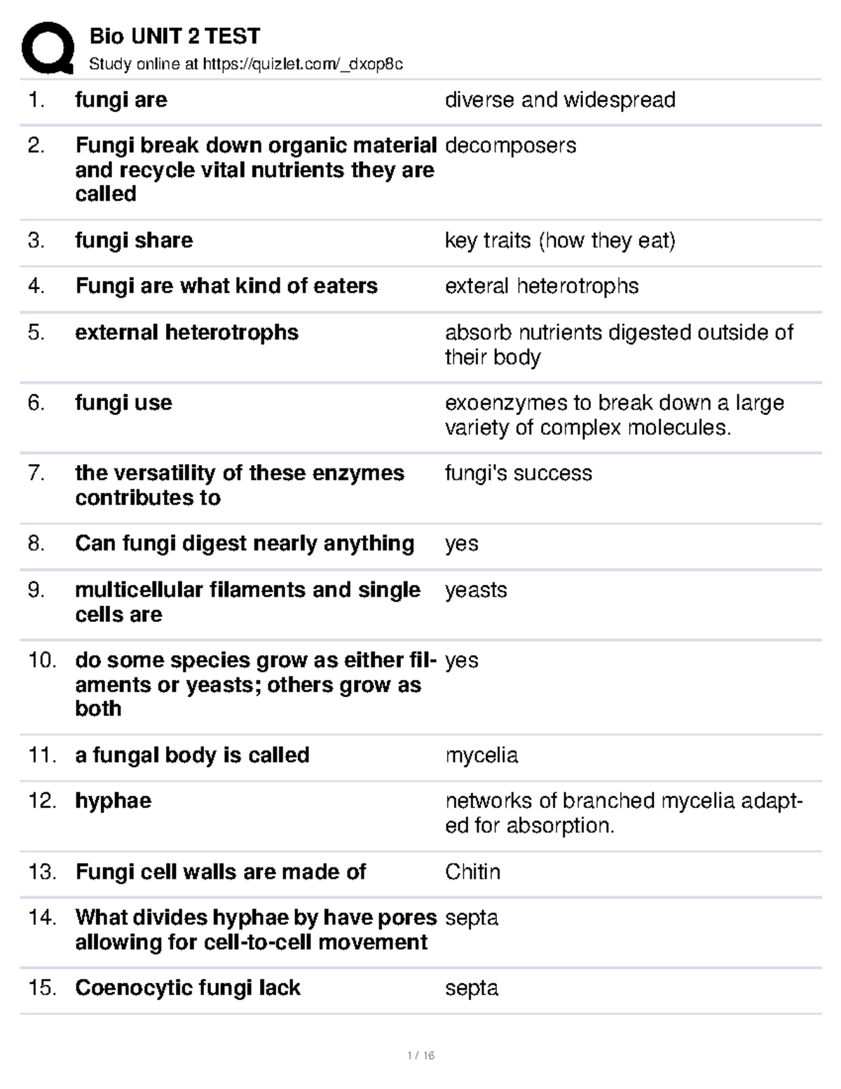 Unit 2 Test notes - Study online at quizlet/_dxop8c fungi are diverse ...