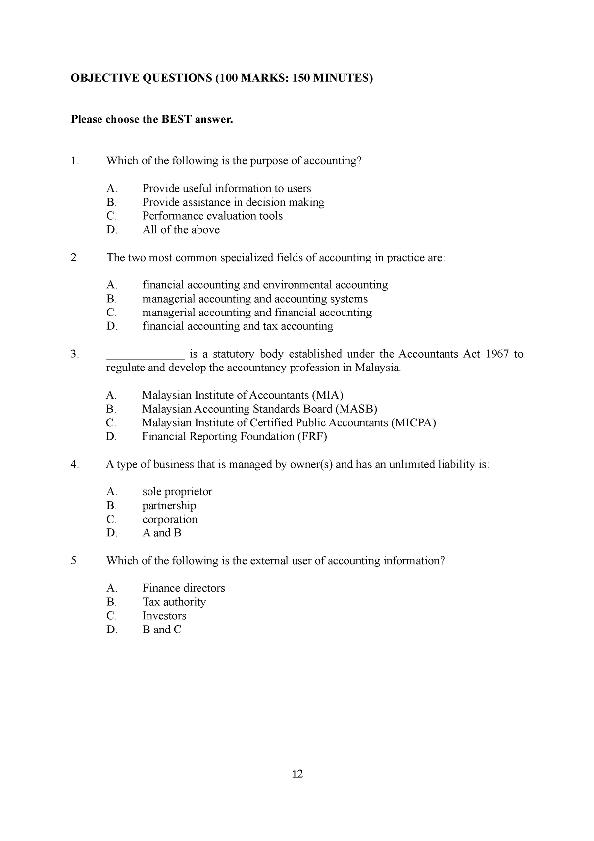 A221 BKAL1013 Objective Questions Practice 2 - OBJECTIVE QUESTIONS (100 ...