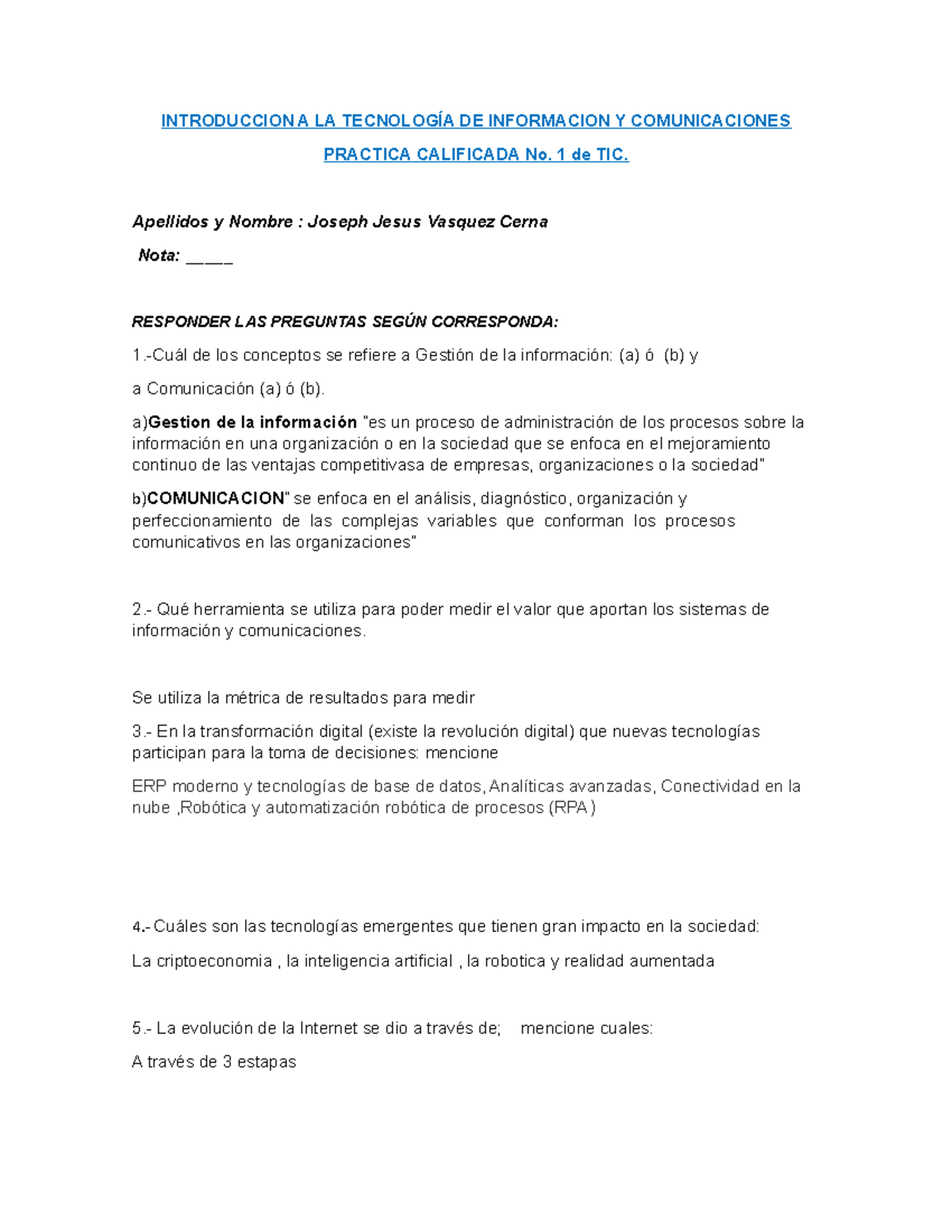 Práctica Calificada 1 de Tecnología de Información y Comunicaciones TIC ...