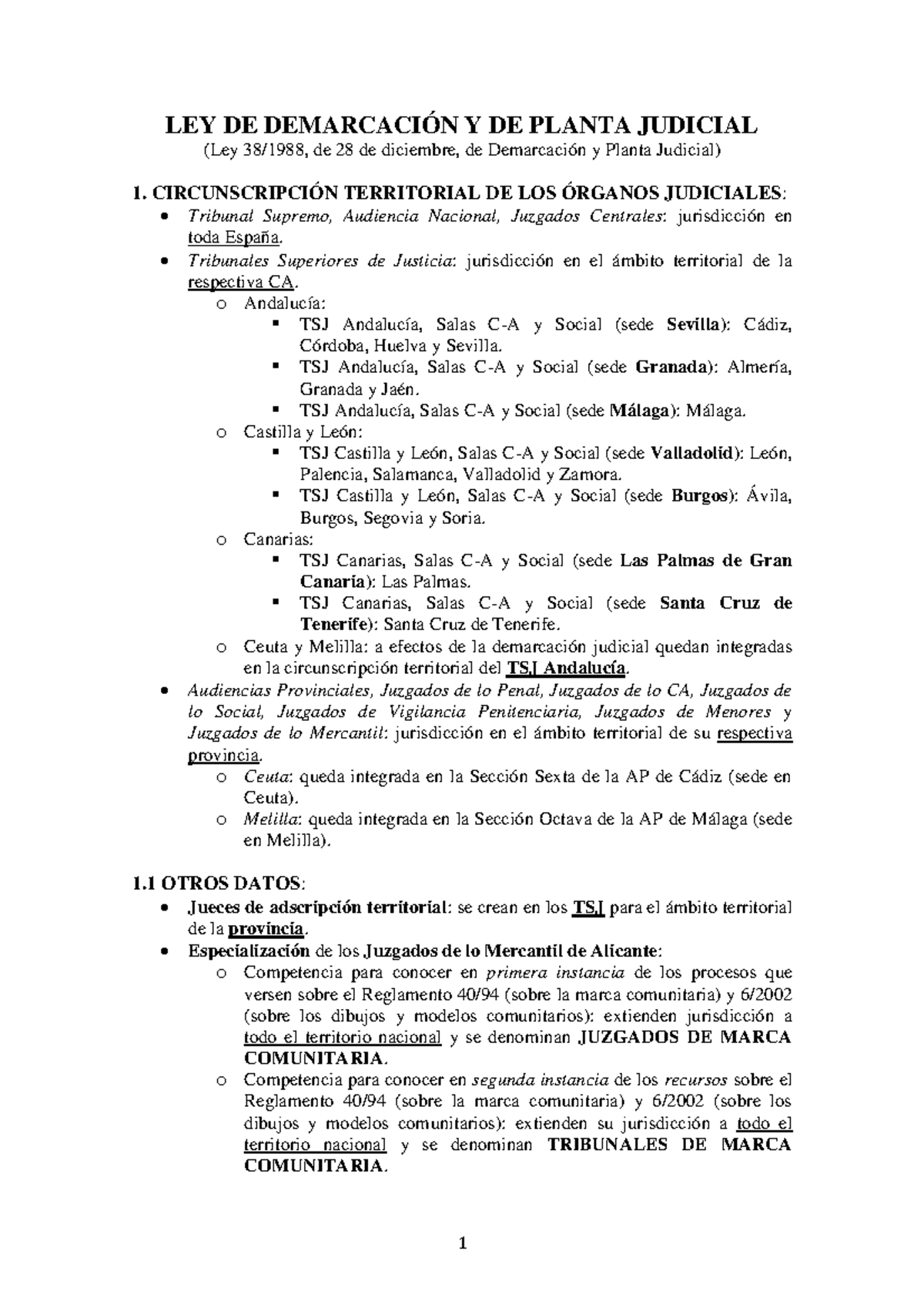 Resumen LEY DE Demarcación Y Planta 1 LEY DE DEMARCACIÓN Y DE PLANTA JUDICIAL (Ley 38/1988, de Resumen LEY DE Demarcación Y Planta 1 LEY DE DEMARCACIÓN Y DE PLANTA JUDICIAL (Ley 38/1988, de