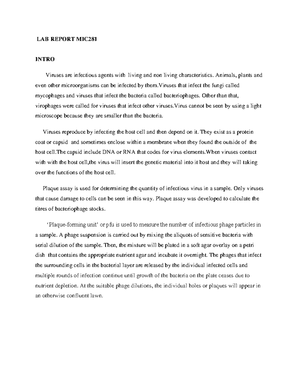 LAB MIC281 lab report LAB REPORT MIC INTRO Viruses are infectious