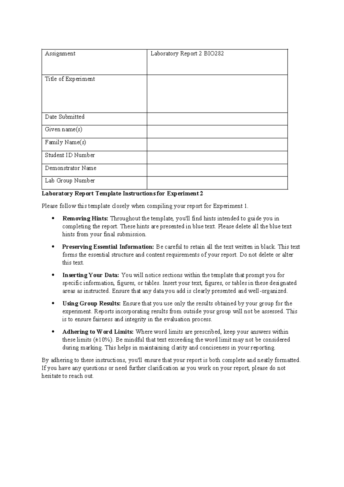 BIO282 Report 2024 s1 - Assignment Laboratory Report 2 BIO Title of ...