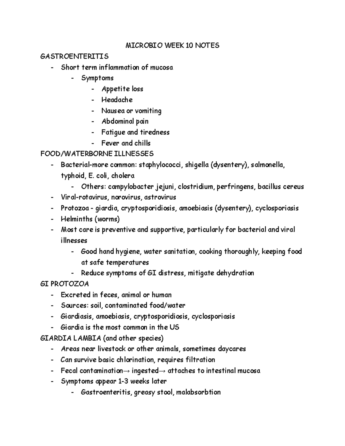 Microbio WEEK 10 Notes - MICROBIO WEEK 10 NOTES GASTROENTERITIS Short ...