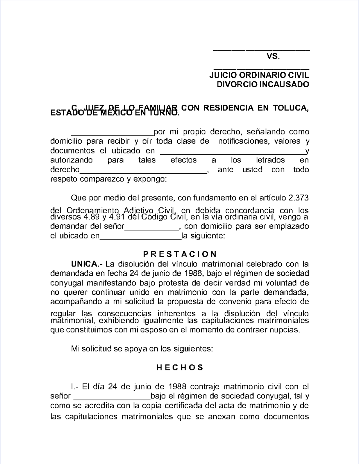 Formato De Demanda De Divorcio Incausado Sin Hijos Ni Bienes