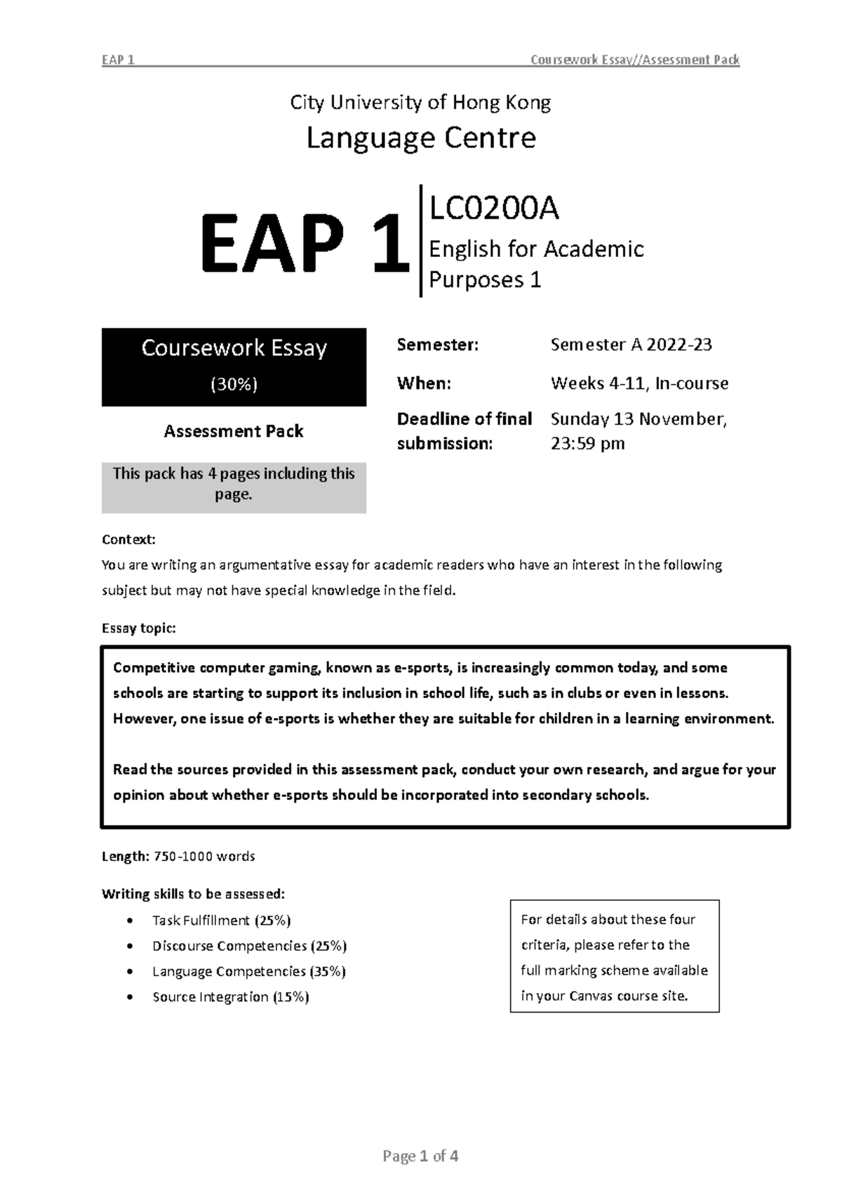 EAP 1 - Coursework Essay - Assessment Pack 7 - V1 - City University of ...