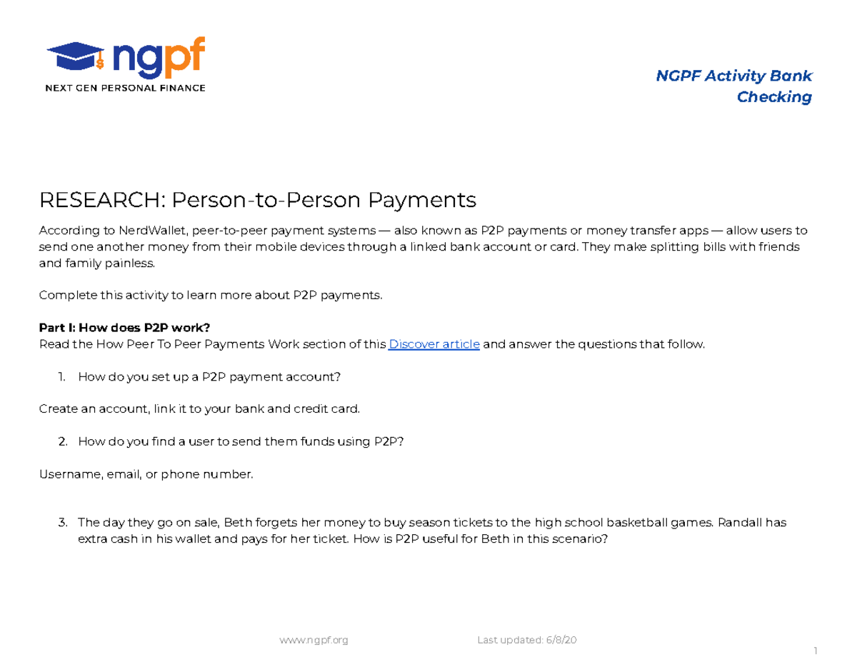 Research PersontoPerson Payments NGPF Activity Bank Checking