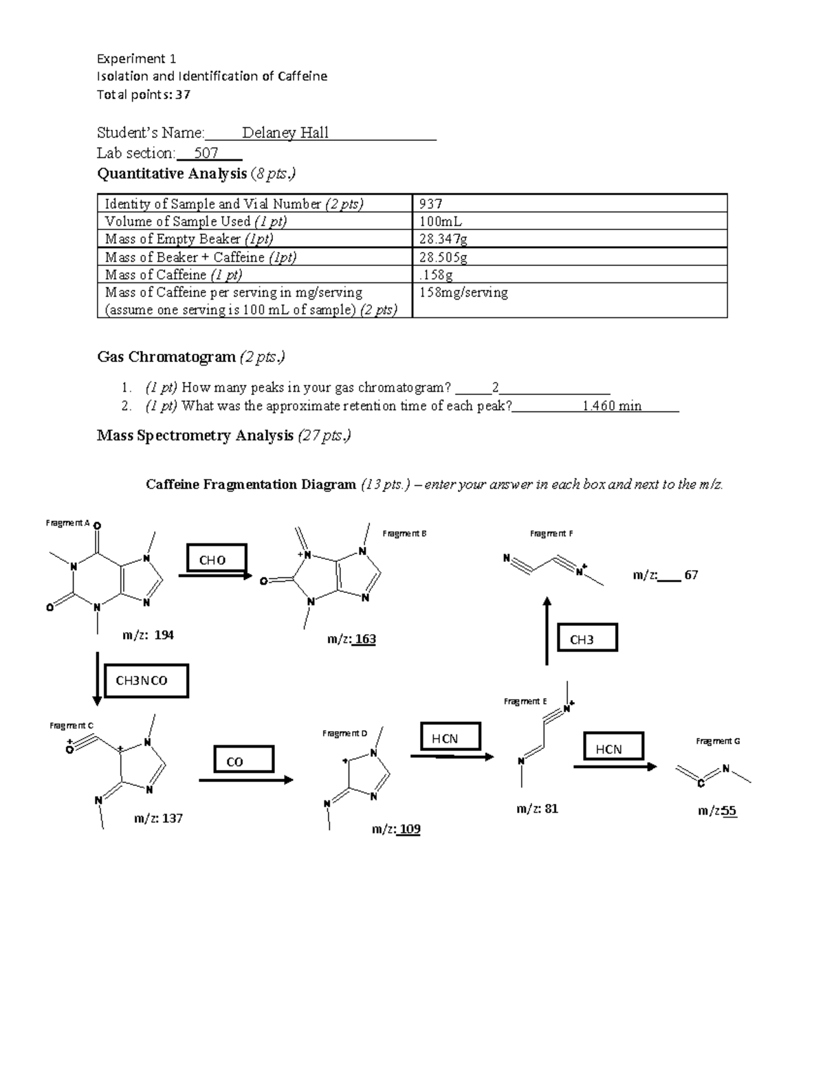 CHEM 110 L - Experiment 1 Isolation and Identification of Caffeine v2 ...