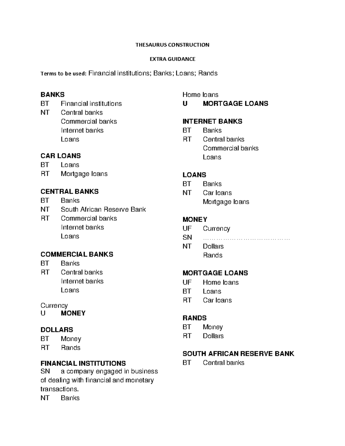 Thesaurus Construction Financial institutions THESAURUS CONSTRUCTION