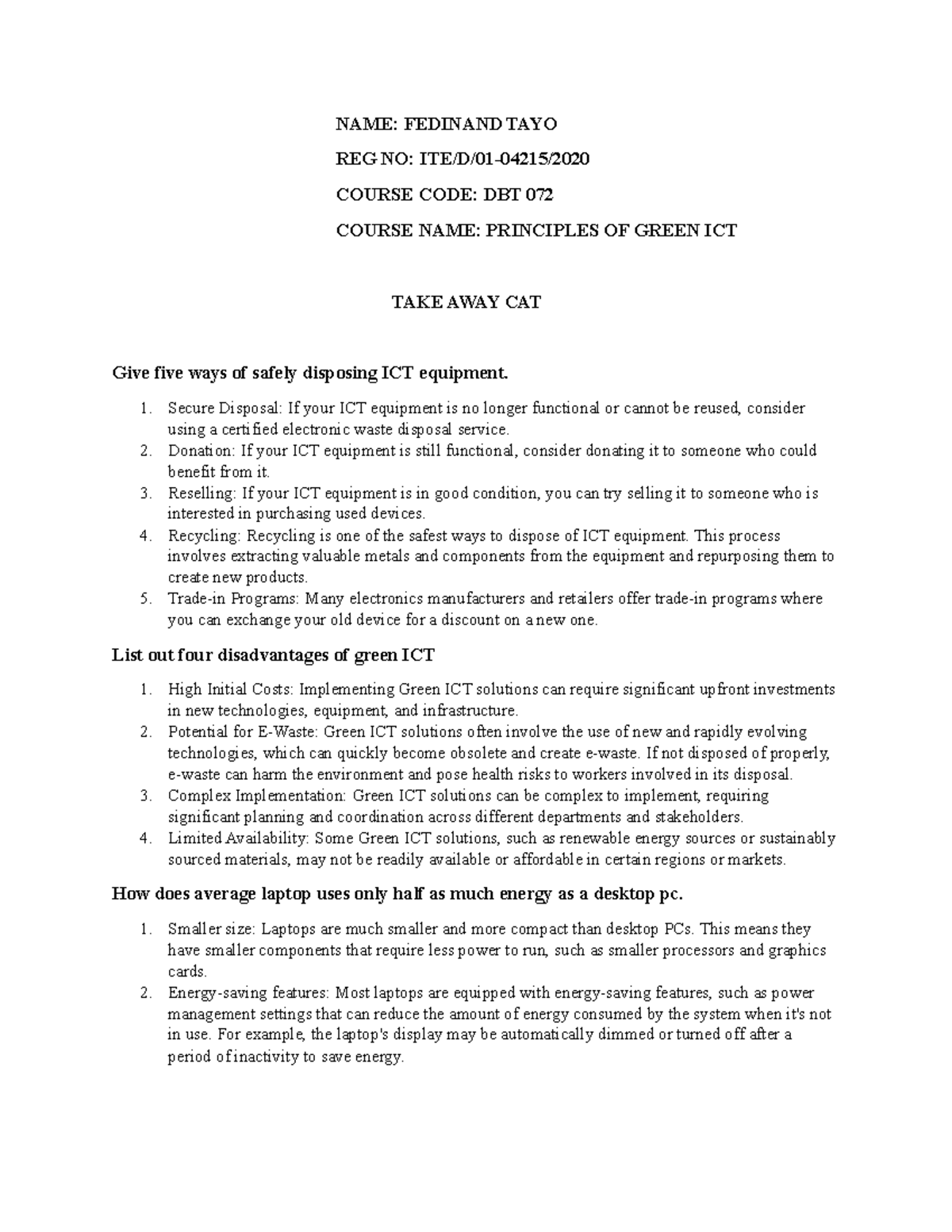 DBT 072 Principles OF Green ICT - NAME: FEDINAND TAYO REG NO: ITE/D/01 ...