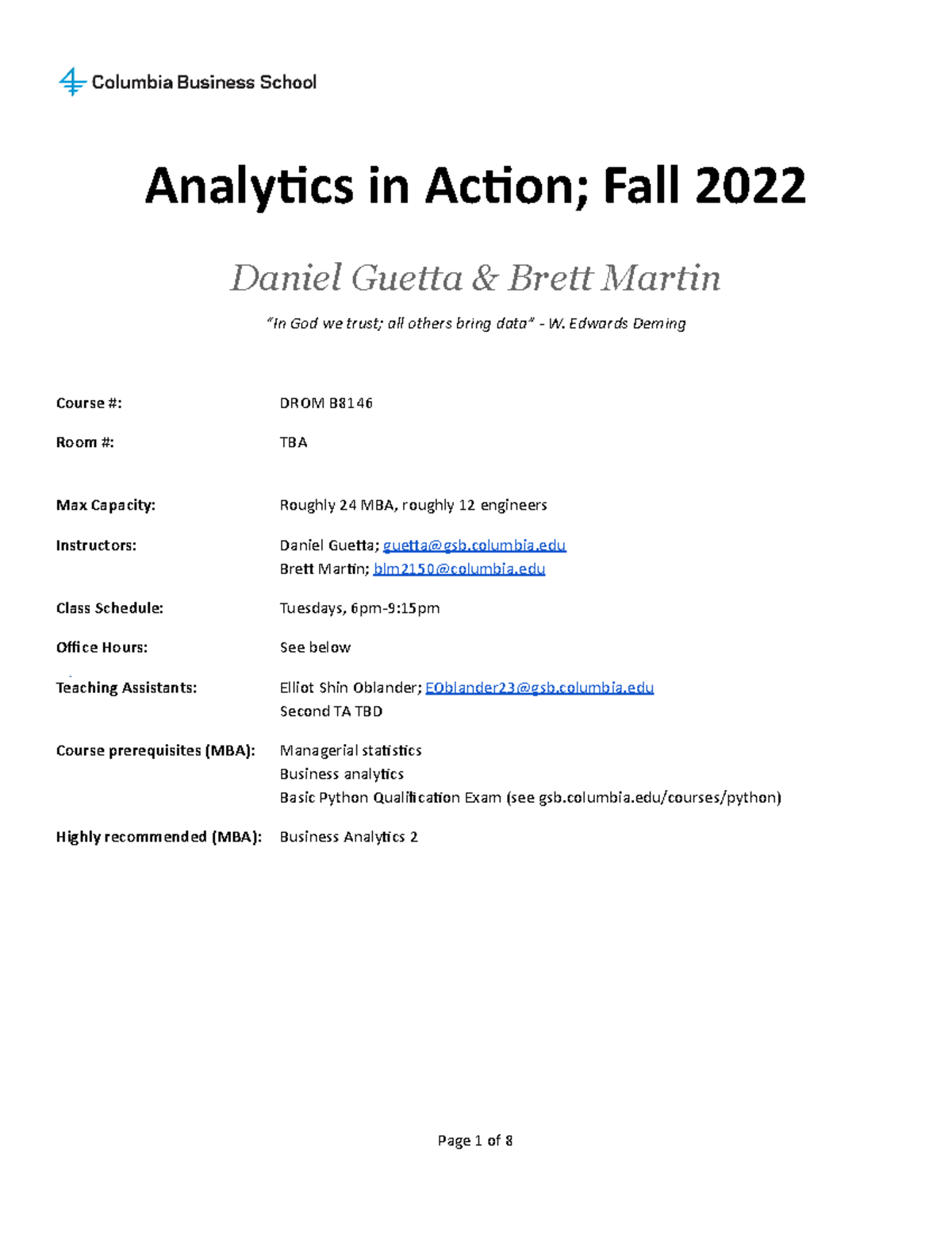 8146Syllabus Analytics in Action - Analycs in Acon; Fall 2022 Daniel ...