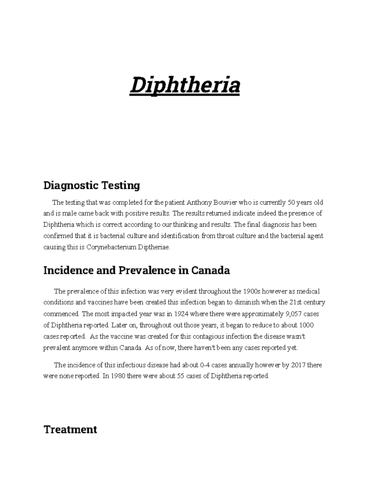 Report Identifying the disease Diphtheria Diagnostic Testing The