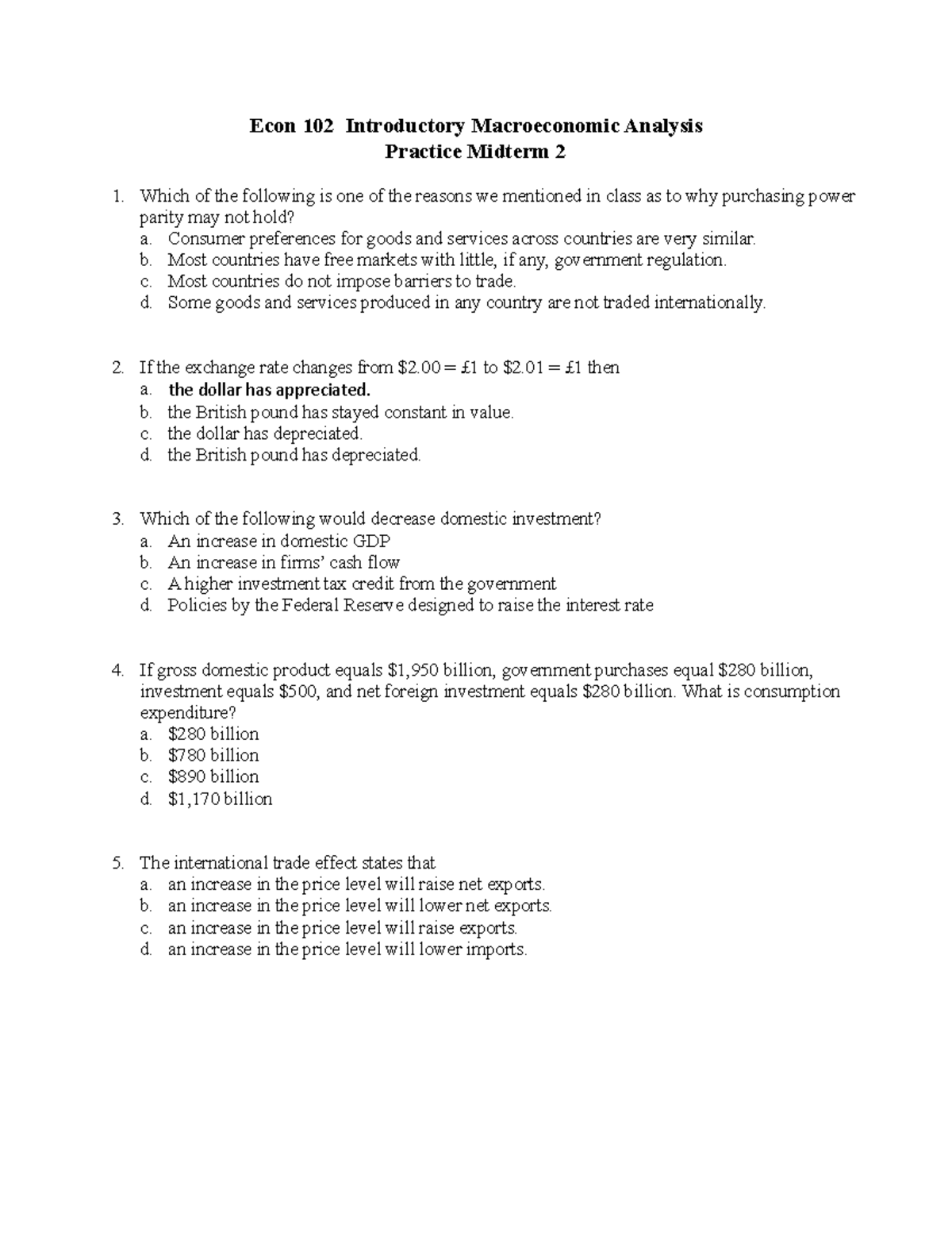 1 Practice Midterm 2 - Econ 102 Introductory Macroeconomic Analysis ...