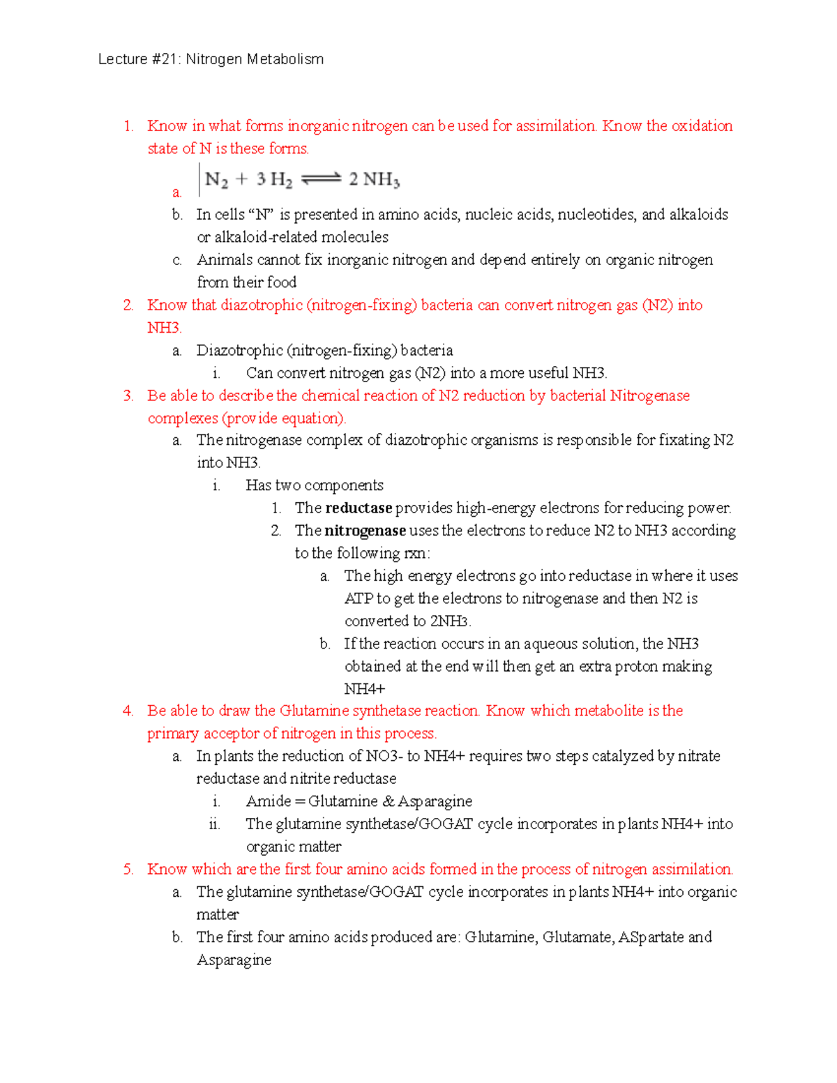 Lecture #21 Nitrogen metabolism - Lecture #21: Nitrogen Metabolism Know ...