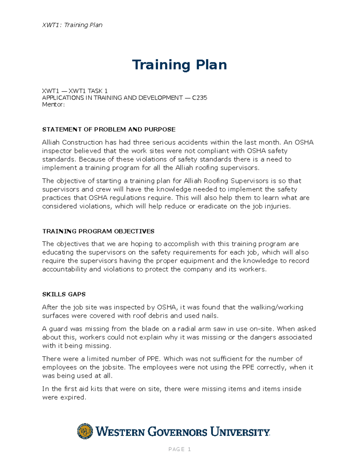 Training Plan Task 1 - XWT1: Training Plan Training Plan XWT1 — XWT1 ...