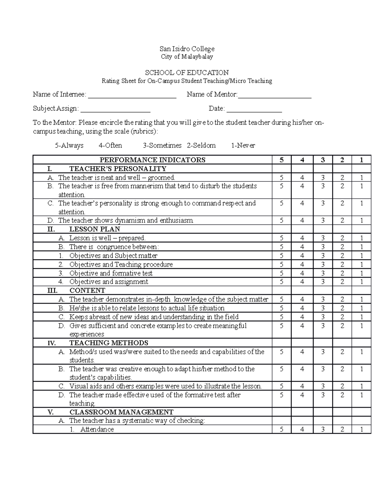 Rating Sheet FOR ON Campus Student Teaching Micro Teaching - San Isidro ...