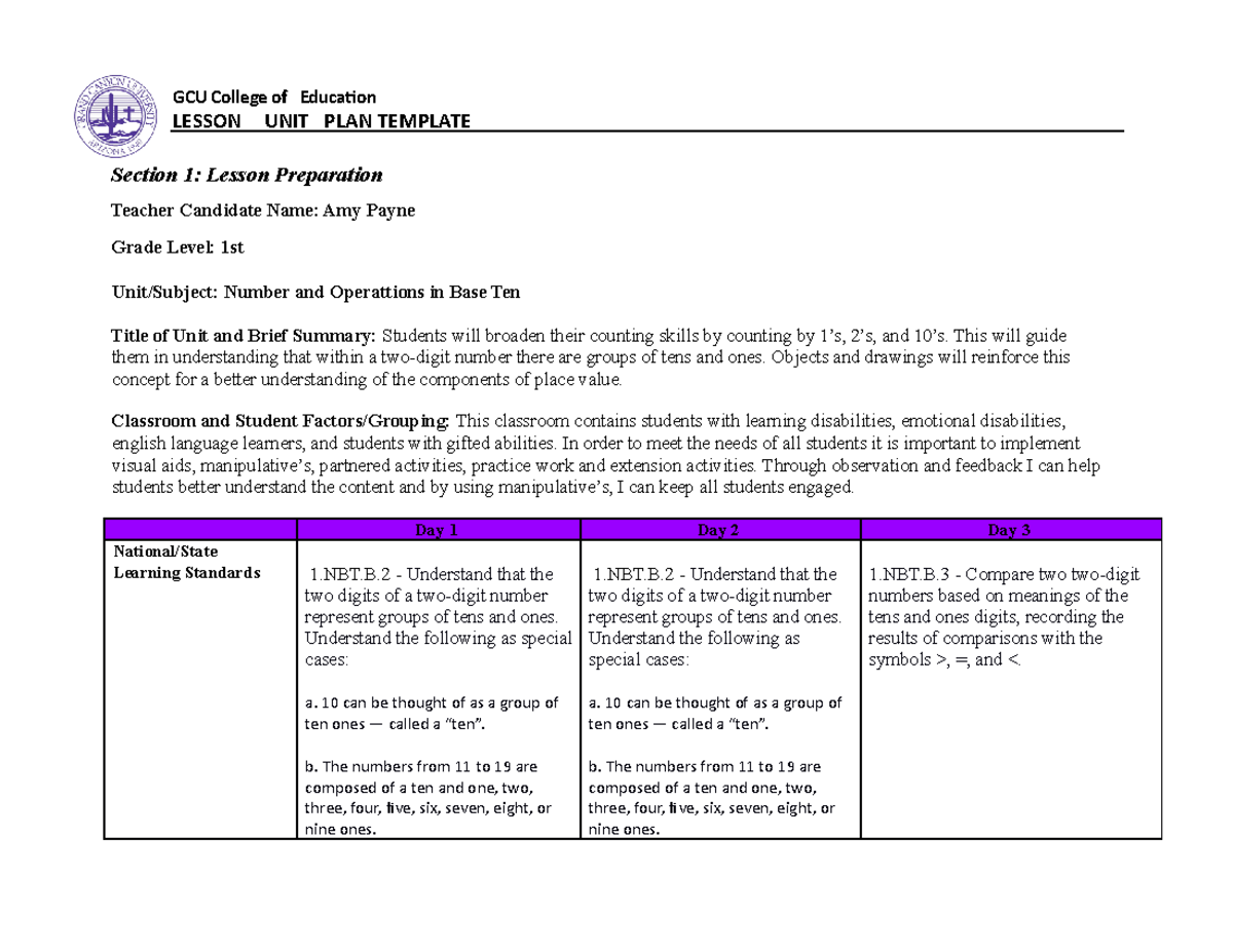 3-day unit plan template - Section 1: Lesson Preparation Teacher ...