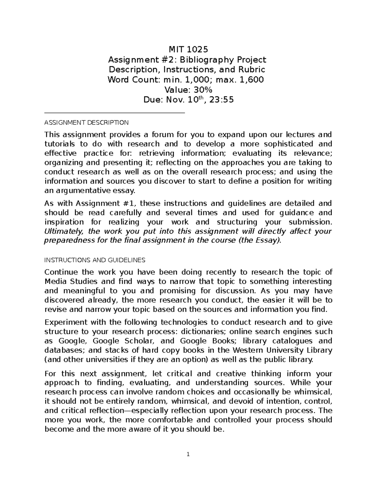 Research and Bibliography Project Instructions and Rubric 1 - MIT 1025 ...