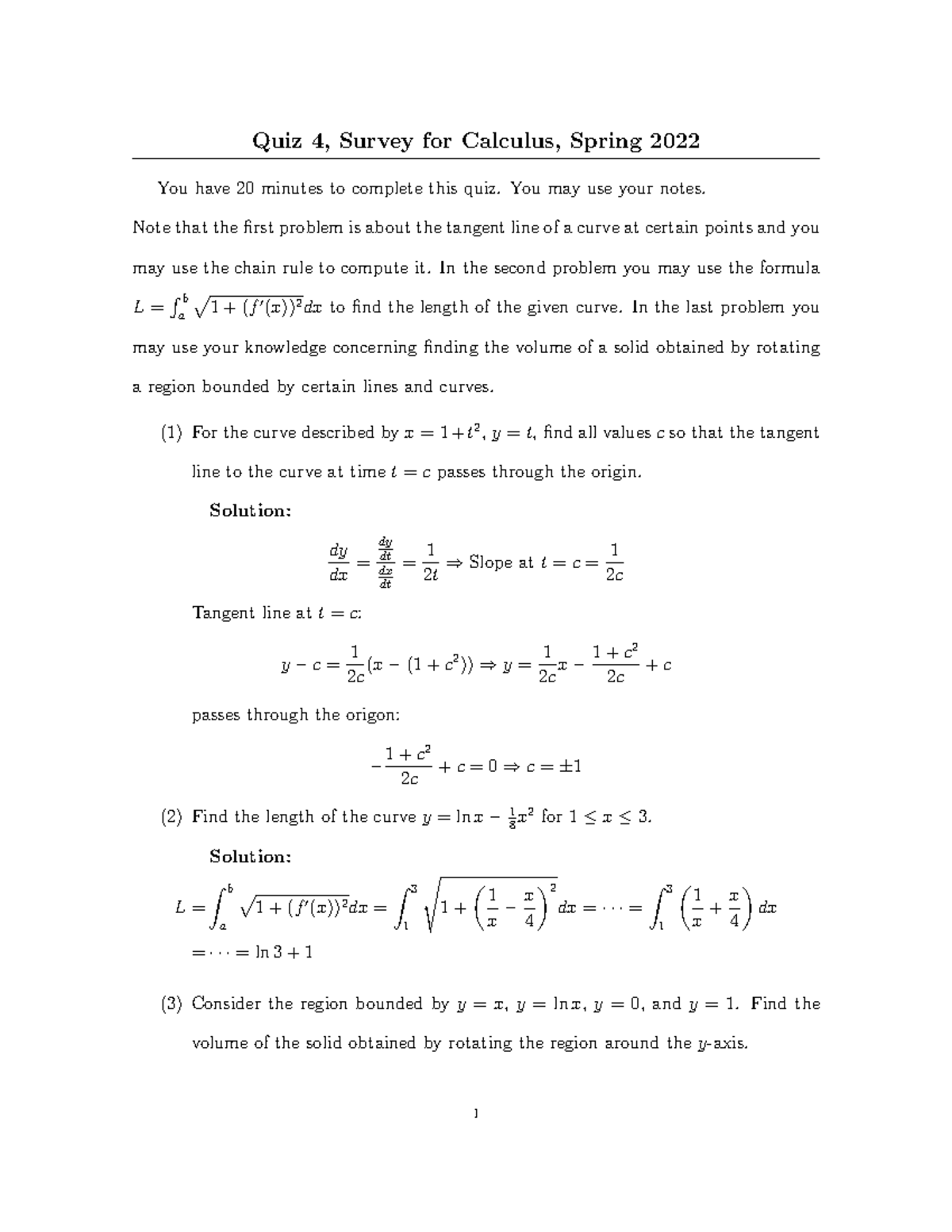 Quiz4 - Length of curves - Quiz 4, Survey for Calculus, Spring 2022 You ...