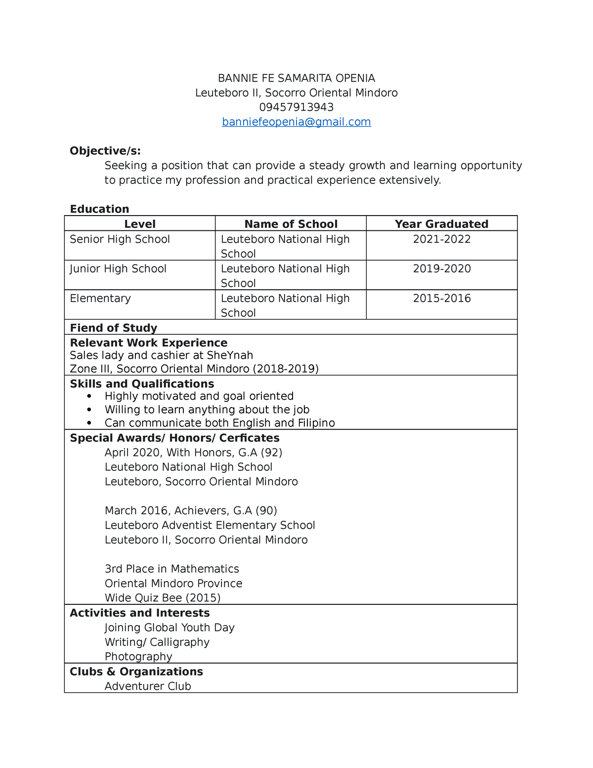 Bannie resume - materials - BANNIE FE SAMARITA OPENIA Leuteboro II ...